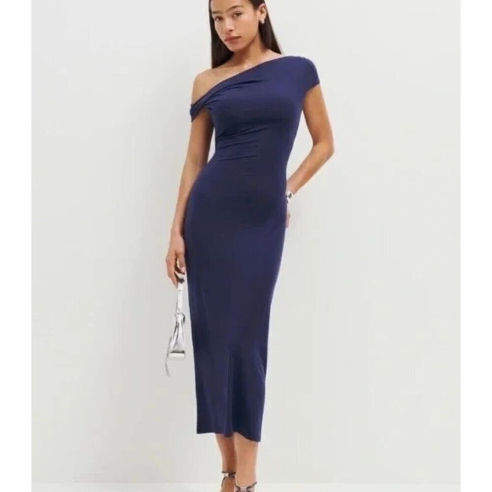Reformation Danube Dress Jamen One-Shoulder Asymmetric Bodycon Midi Navy Large